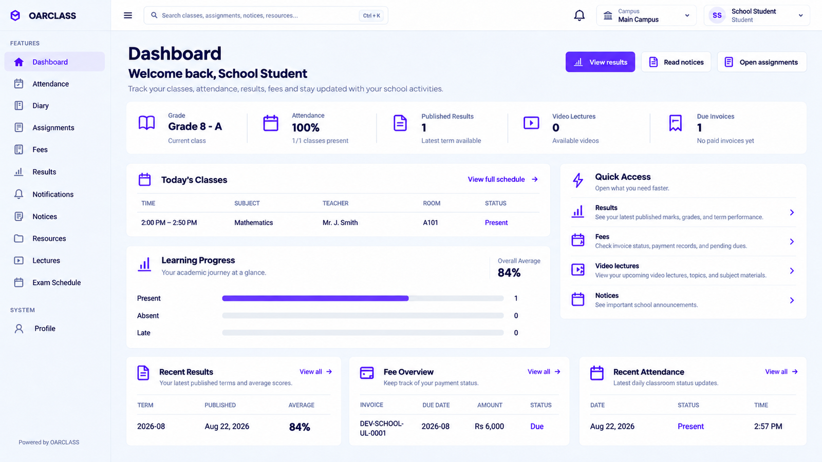 OarClass student management dashboard